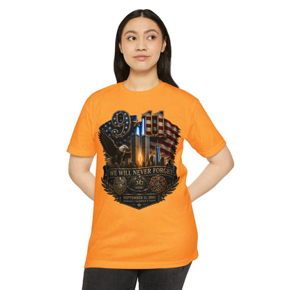9/11 Memorial T-Shirt — "We Will Never Forget" Patriotic Tribute