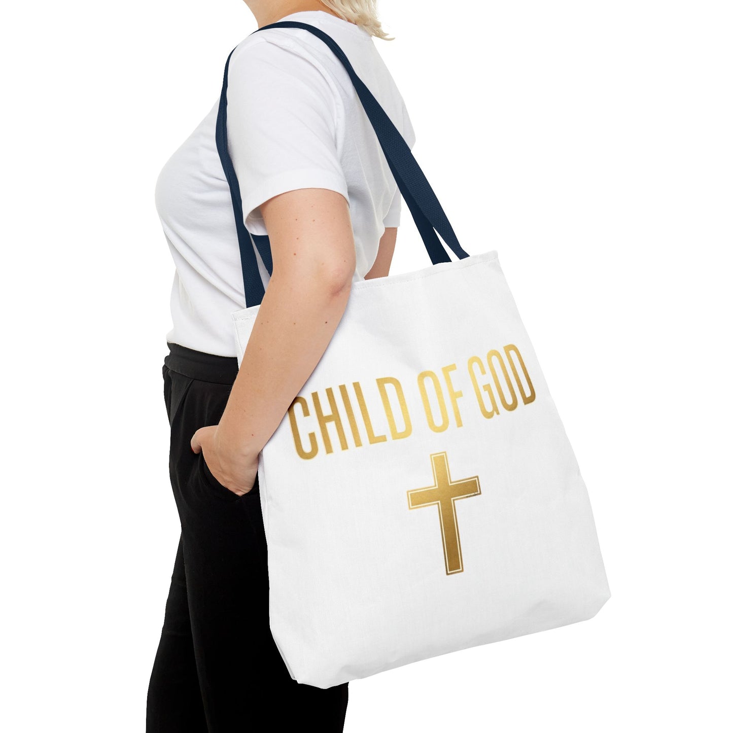 Child of God Tote Bag — Gold Cross Religious Canvas Tote