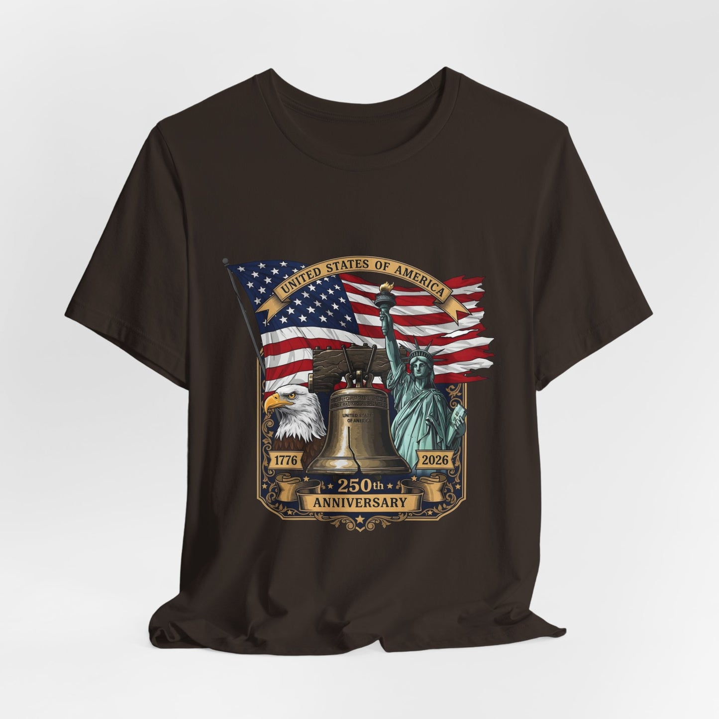 Liberty 250th Anniversary T-Shirt — American Flag, Liberty Bell & Statue of Liberty Tee