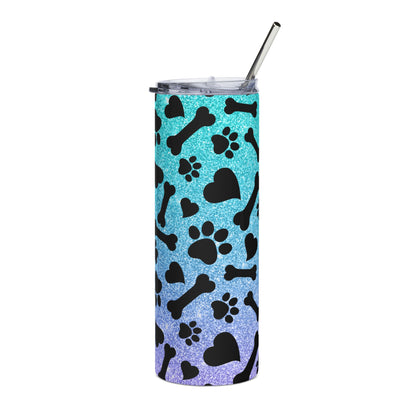 20oz Pet Paw & Bone Stainless Steel Tumbler — Glitter Teal to Purple Travel Cup