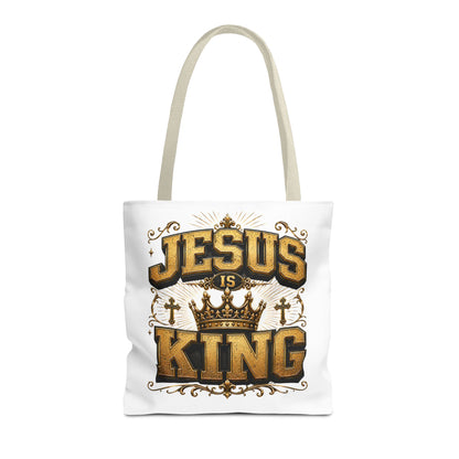 Jesus Is King Tote Bag - Christian Faith Crown Design