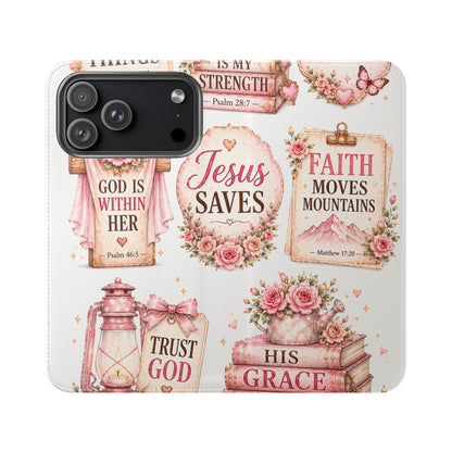 Christian Floral Phone Flip Case — "Jesus Saves" & Inspirational Scripture Wallet Cover
