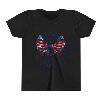Youth Tee — "God Bless America" Patriotic Bow T-Shirt (4th of July, Memorial Day)