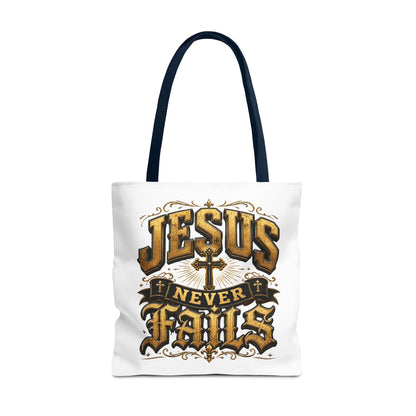Jesus Never Fails Tote Bag — Christian Faith AOP Canvas Tote