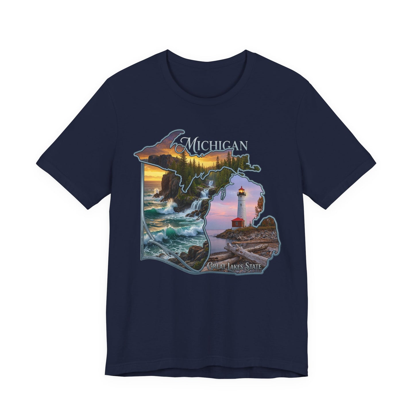 Michigan Scenic Map T-Shirt — Great Lakes Lighthouse Sunset Tee