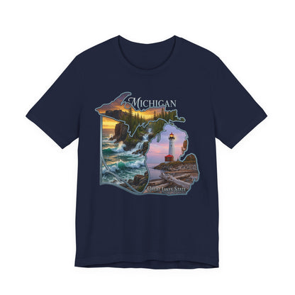 Michigan Scenic Map T-Shirt — Great Lakes Lighthouse Sunset Tee