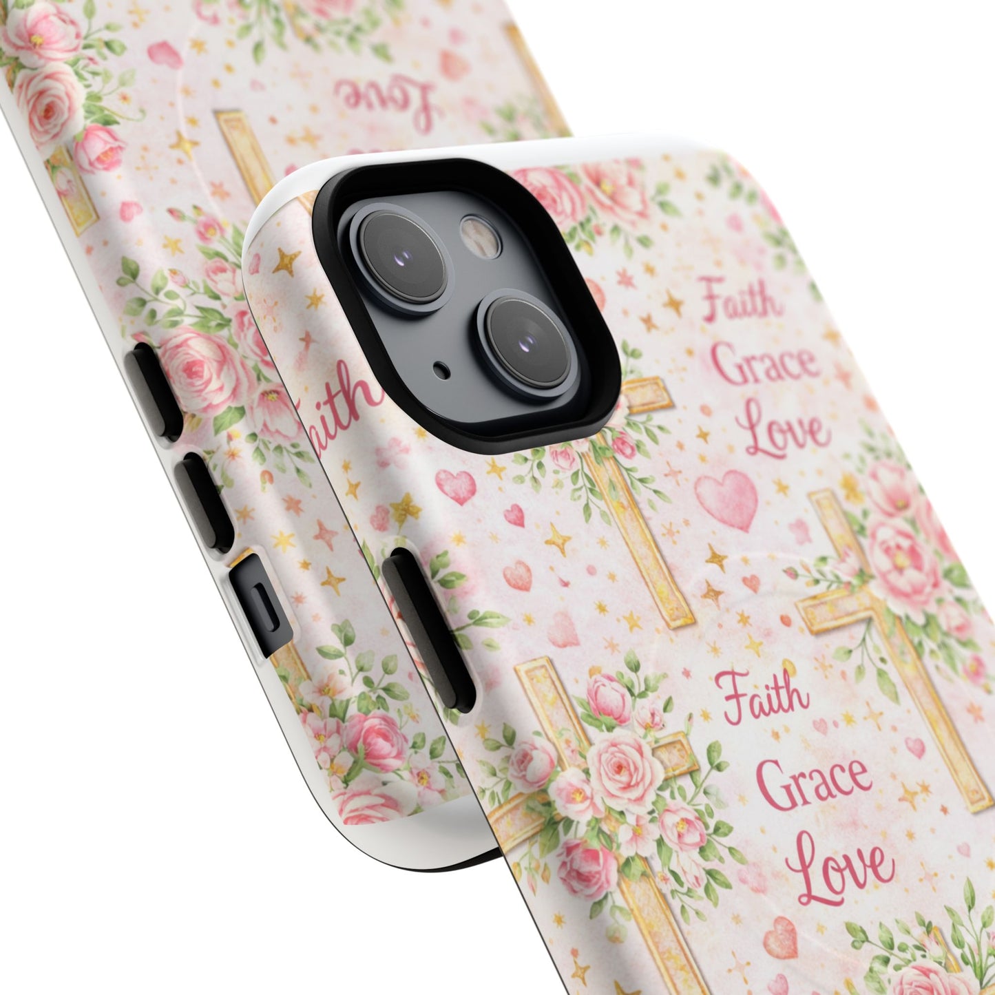 Christian Floral Cross Phone Case — "Faith Grace Love" Tough Magnetic Case