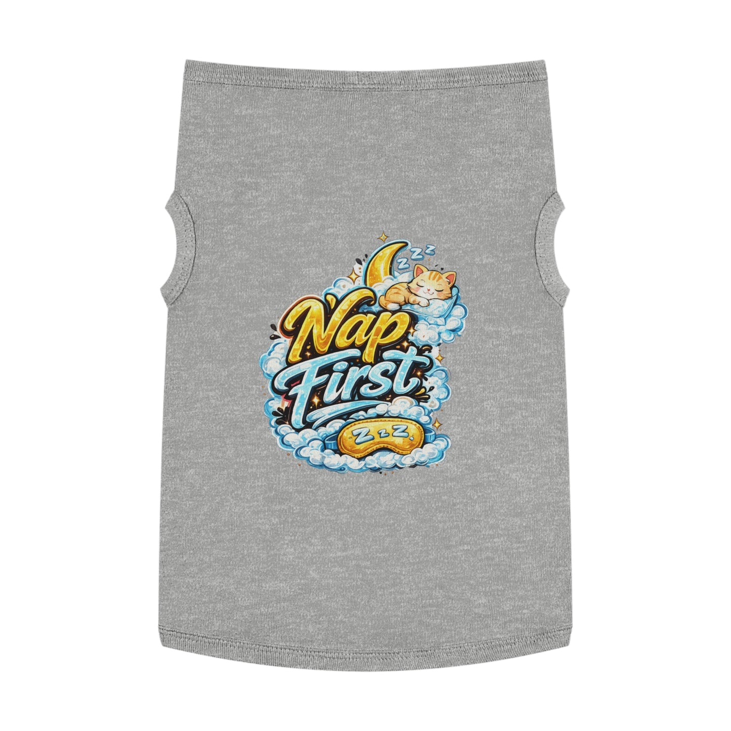 Nap First Pet Tank Top — Cute Sleeping Cat Graphic for Small Dogs & Cats