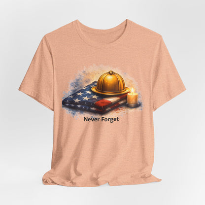 Never Forget Memorial T‑Shirt — Firefighter Helmet & Flag Tribute