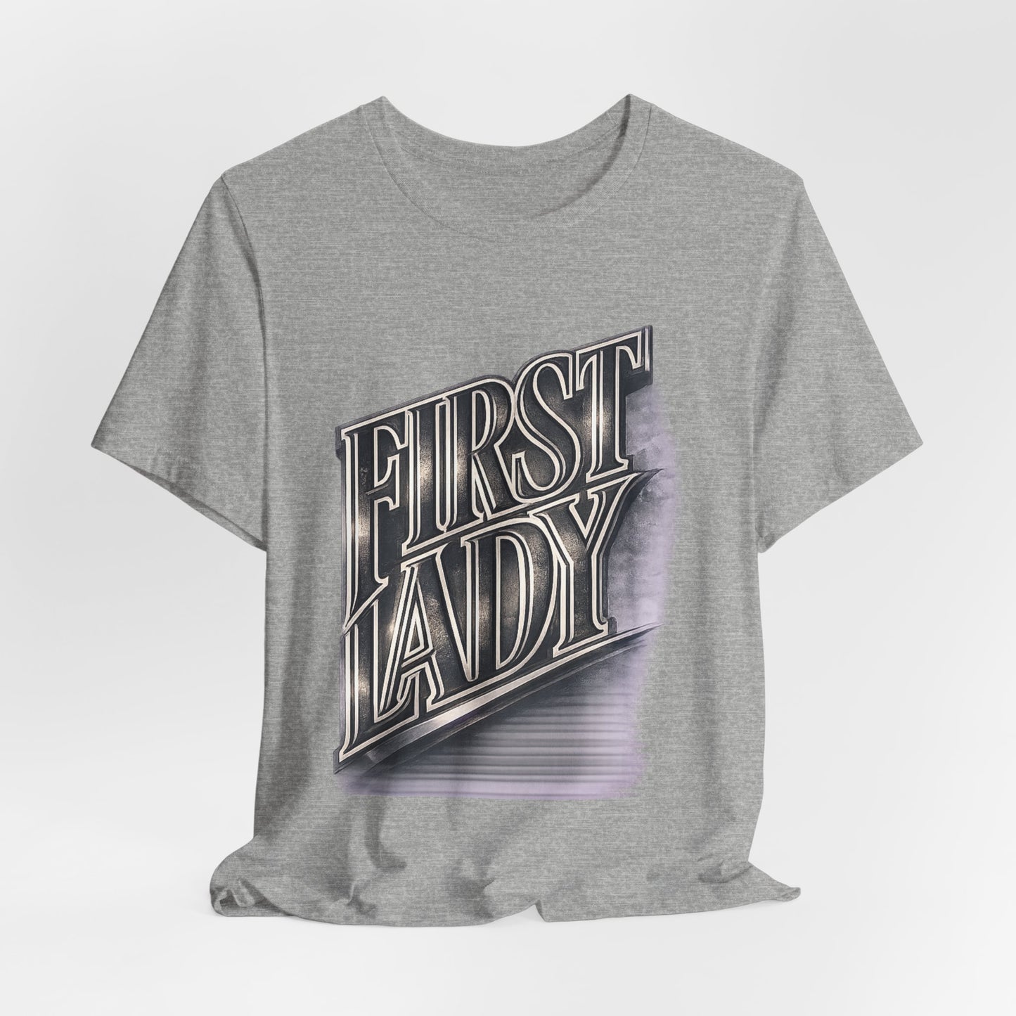 First Lady Graphic Tee — Retro Metallic Script Short Sleeve Shirt