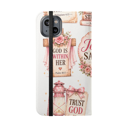Christian Floral Phone Flip Case — "Jesus Saves" & Inspirational Scripture Wallet Cover