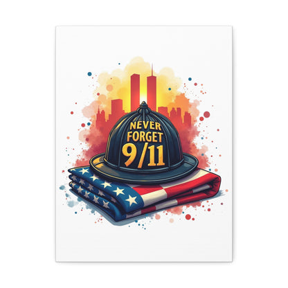 Never Forget 9/11 Stretched Canvas – Memorial Firefighter Helmet & American Flag Wall Art