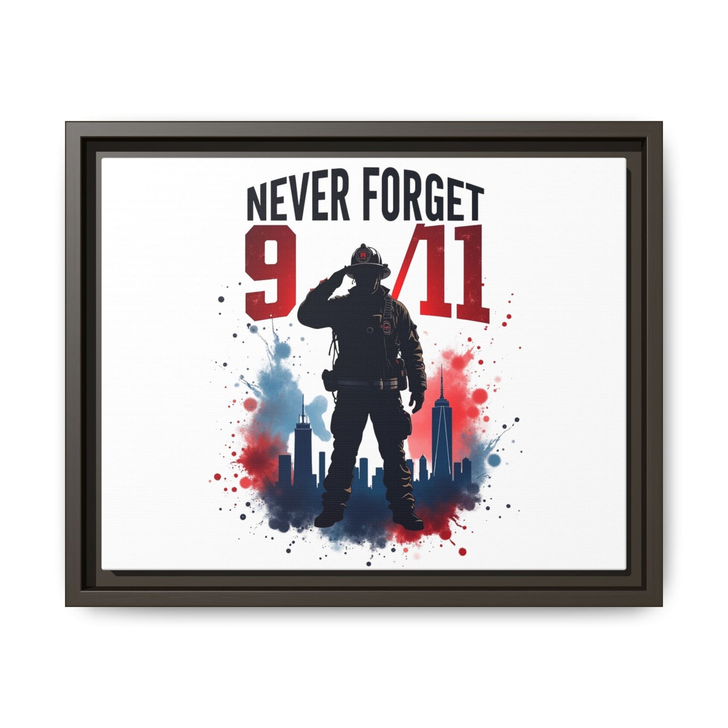 Never Forget 9/11 Framed Canvas Print — Patriotic Firefighter Memorial Art