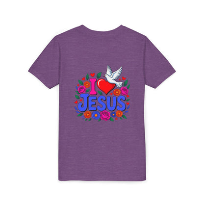 Youth Tee — "I  Jesus" Colorful Dove & Floral Christian Shirt