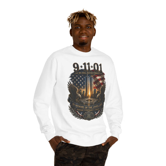 9/11 Memorial Sweatshirt - ‘We Will Never Forget’ Tribute Crewneck with Twin Towers & Flag