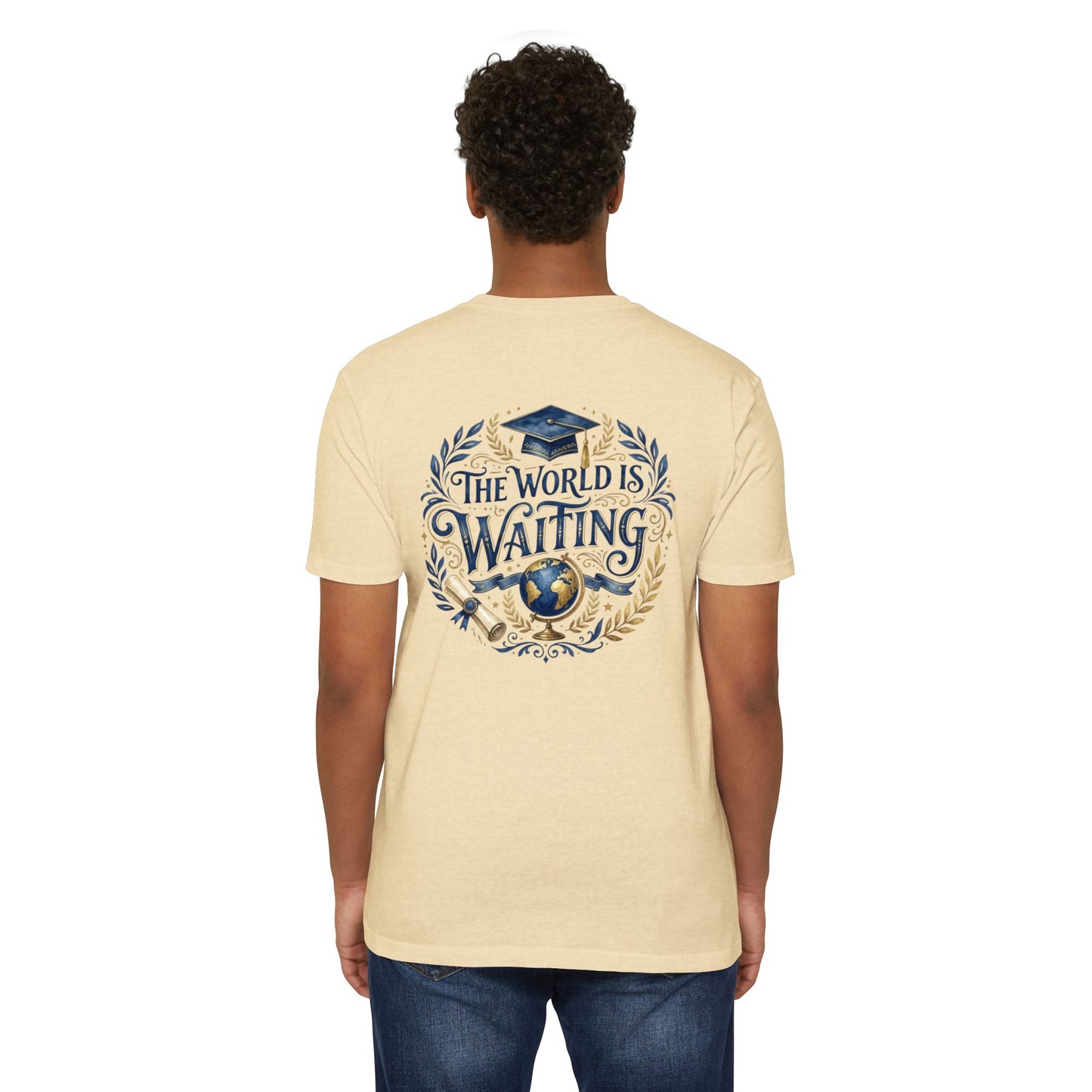Graduation T-Shirt - "The World Is Waiting" Cap & Globe Design