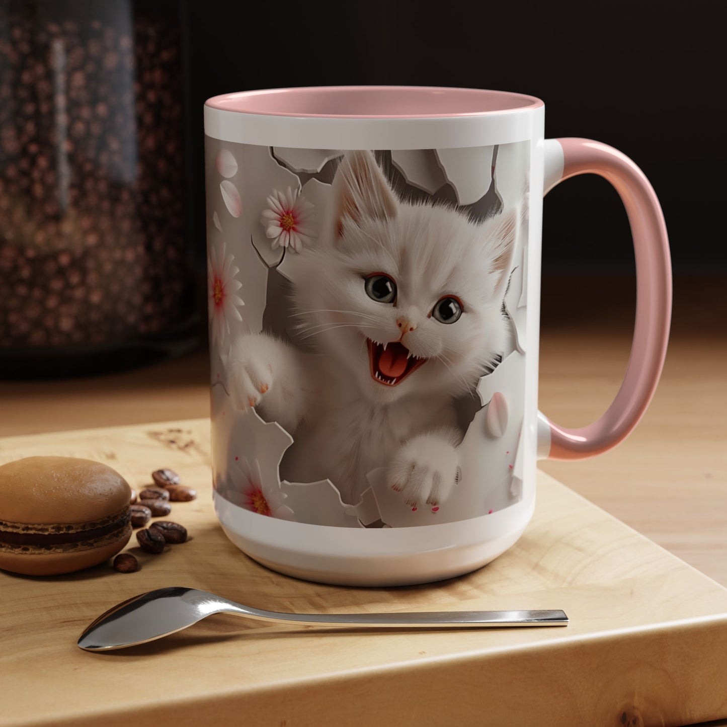 Cute Kitten Floral Accent Coffee Mug – Cat Lover Ceramic Mug (11/15oz)