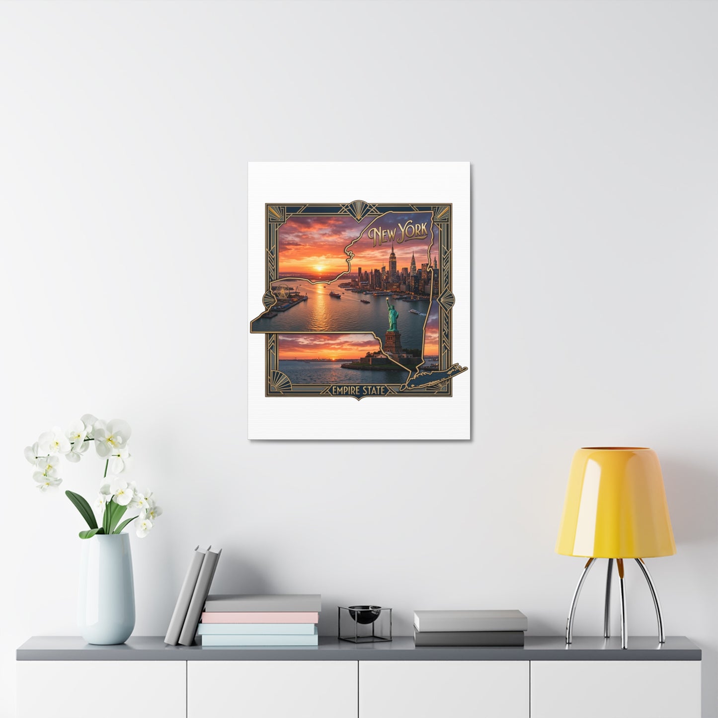 New York Sunset Stretched Canvas – Empire State Skyline with Statue of Liberty