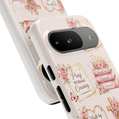 Christian Floral Phone Case — "Pray Without Ceasing" Faith Cross Design