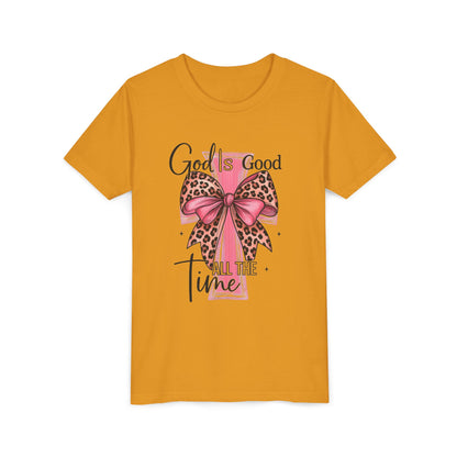 Youth Tee — "God is Good All the Time" Pink Cross with Leopard Bow