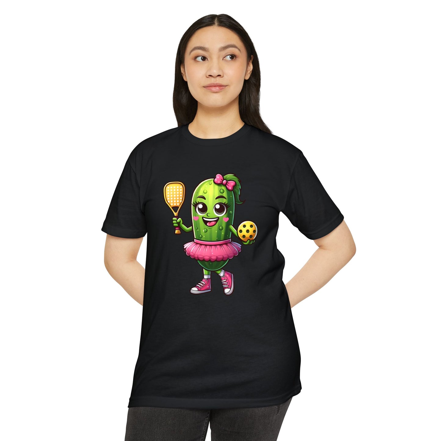 Pickle Paddleball T-Shirt — Cute Pickle Character in Tutu with Paddle & Ball