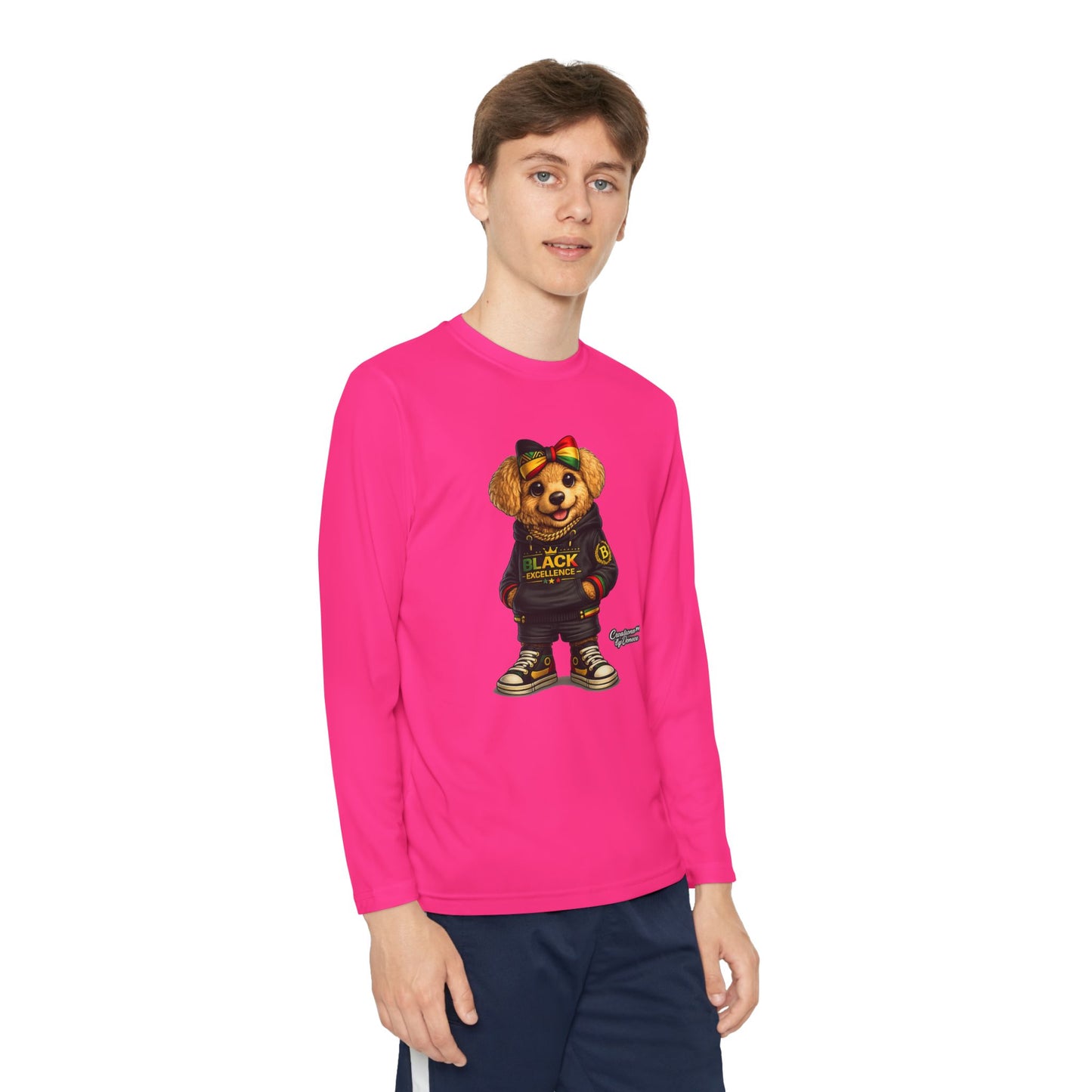 Youth Long Sleeve Tee — Trendy Bear Graphic "Black Excellence"
