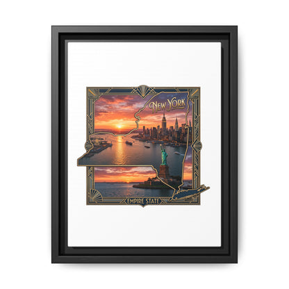 Framed Matte Canvas Wall Art — New York City Sunset Skyline with Statue of Liberty