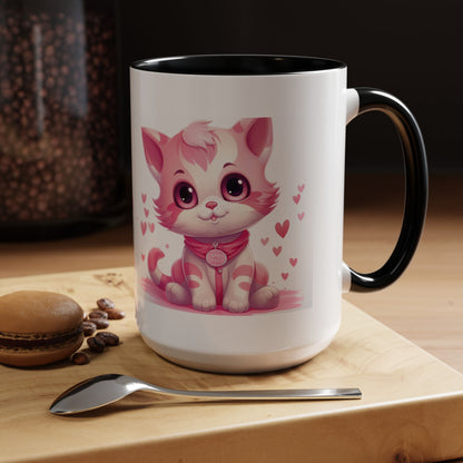 Pink Cute Kitten Coffee Mug — Cute Cat Accent Mug with Hearts (11/15oz)