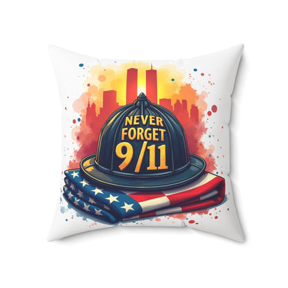 Never Forget 9/11 Memorial Throw Pillow — Firefighter Helmet & American Flag