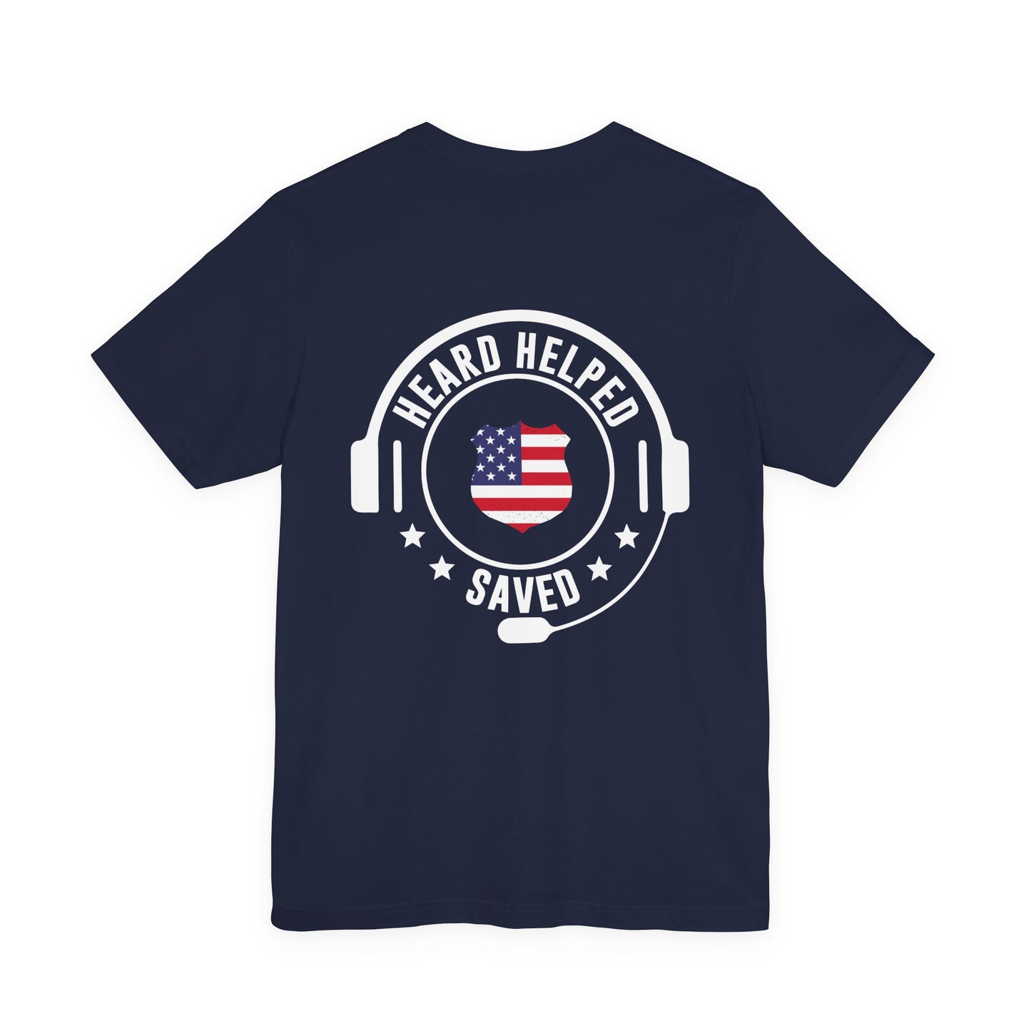 Headset Logo T-Shirt — "Heard Helped Saved" American Flag Design
