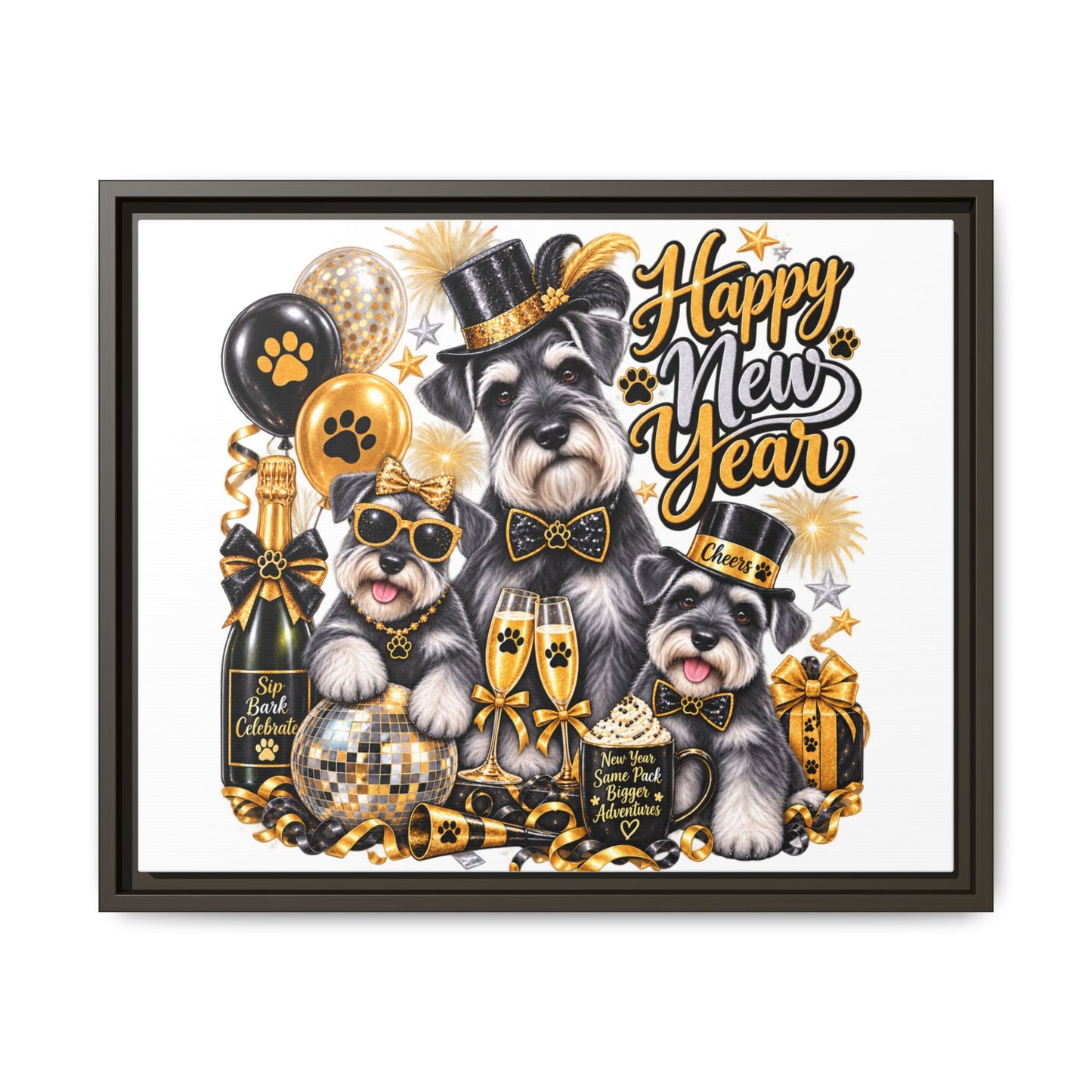 Happy New Year Schnauzer Holiday Canvas Print — Framed Matte Wall Art