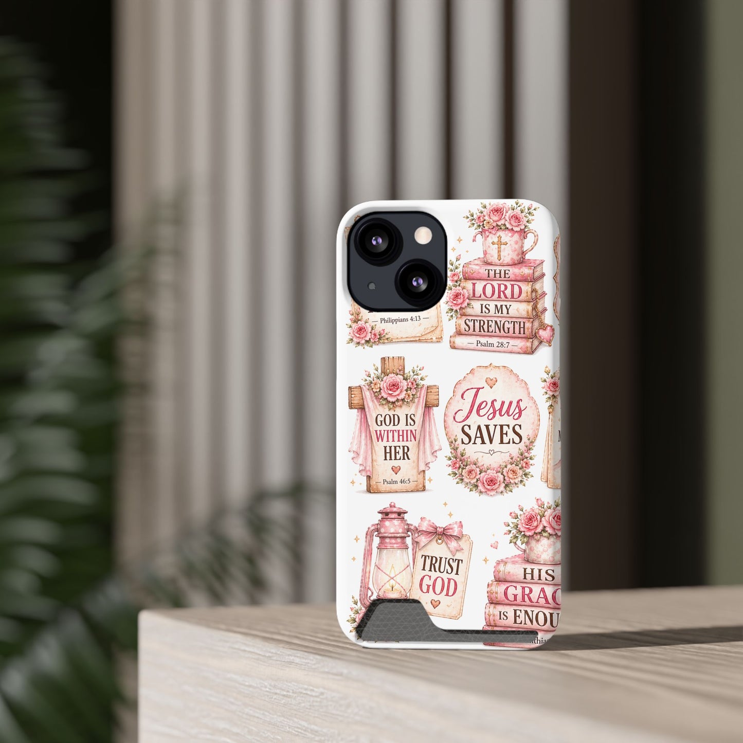Christian Floral Phone Case with Card Holder — 'Jesus Saves' Inspirational Design