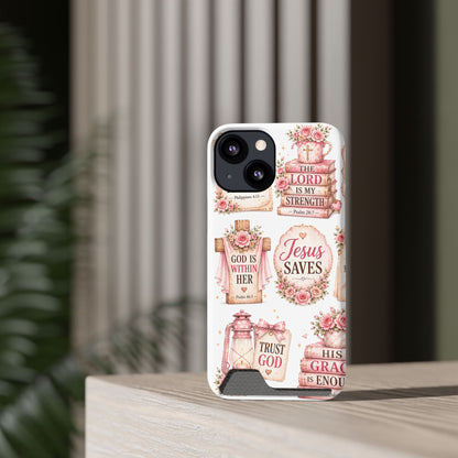 Christian Floral Phone Case with Card Holder — 'Jesus Saves' Inspirational Design