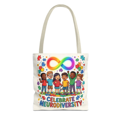 Celebrate Neurodiversity Tote Bag — Rainbow Infinity Symbol & Kids Design
