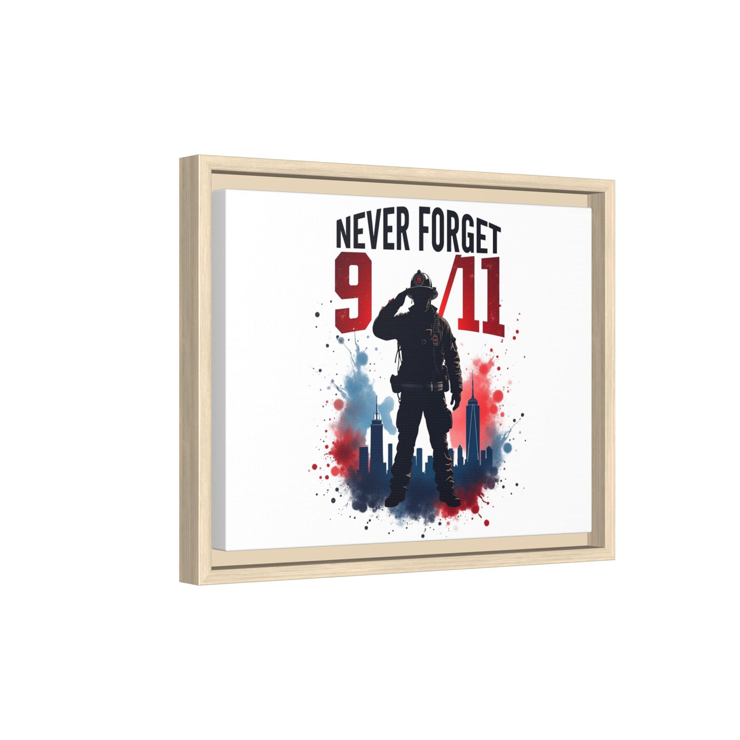 Never Forget 9/11 Framed Canvas Print — Patriotic Firefighter Memorial Art