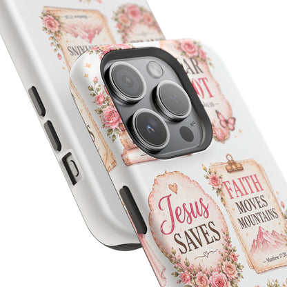 Christian Phone Case - "Fear Not, Faith Moves Mountains, Jesus Saves" Floral Magnetic Impact-Resistant Case