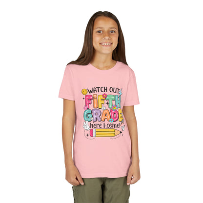 Fifth Grade Here I Come Youth Tee — Colorful Back-to-School Kids Shirt