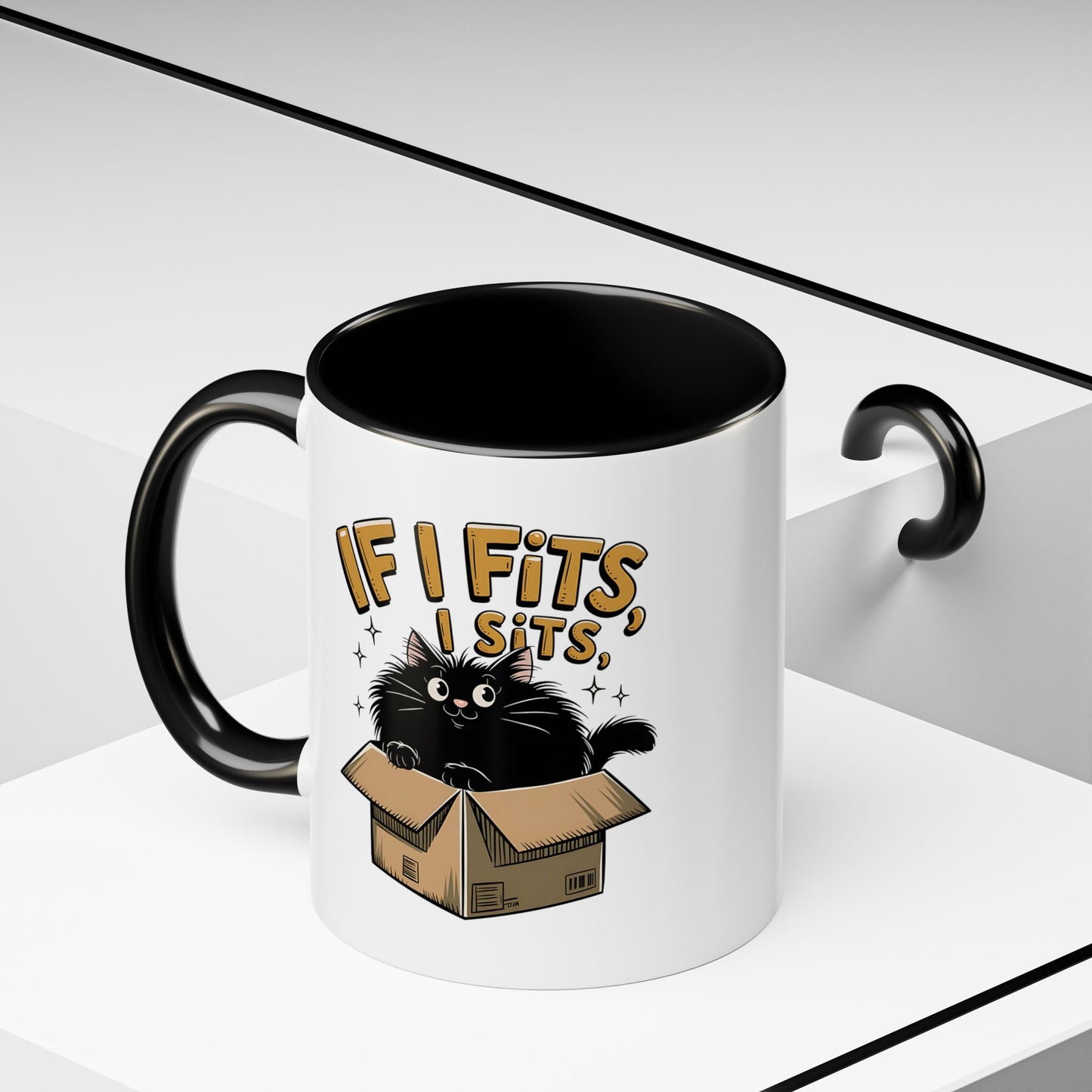 If I Fits I Sits Cat Mug — Funny Black Cat in Box Coffee Cup (11/15oz)