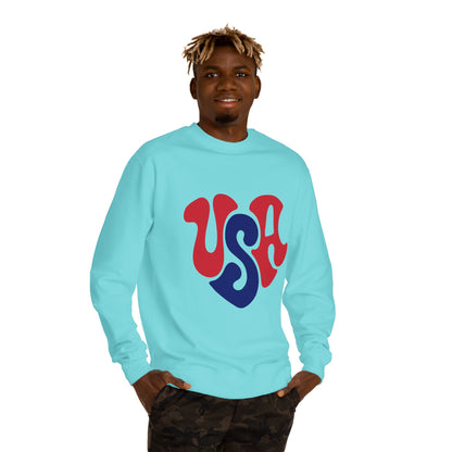 USA Heart Crewneck Sweatshirt — Retro Red & Blue Patriotic Pullover