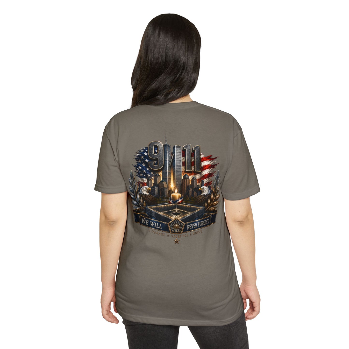 9/11 Never Forget Memorial T-Shirt — Tribute American Flag Skyline Tee