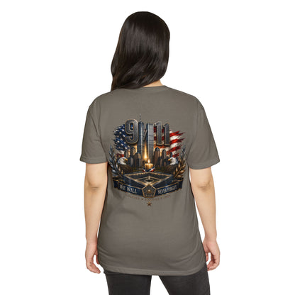 9/11 Never Forget Memorial T-Shirt — Tribute American Flag Skyline Tee