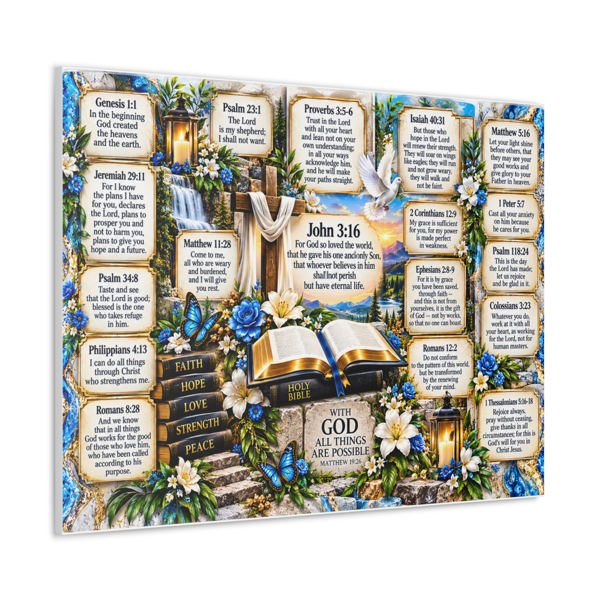Scripture Canvas Wall Art — John 3:16 & Favorite Bible Verses Decorative Print