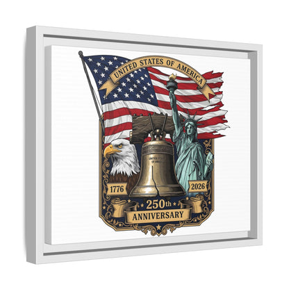 Liberty 250th Anniversary Framed Canvas Print — American Flag, Statue of Liberty & Liberty Bell Art