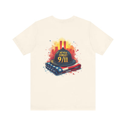 Never Forget 9/11 Memorial T-Shirt — Firefighter Helmet & Flag Tribute Tee