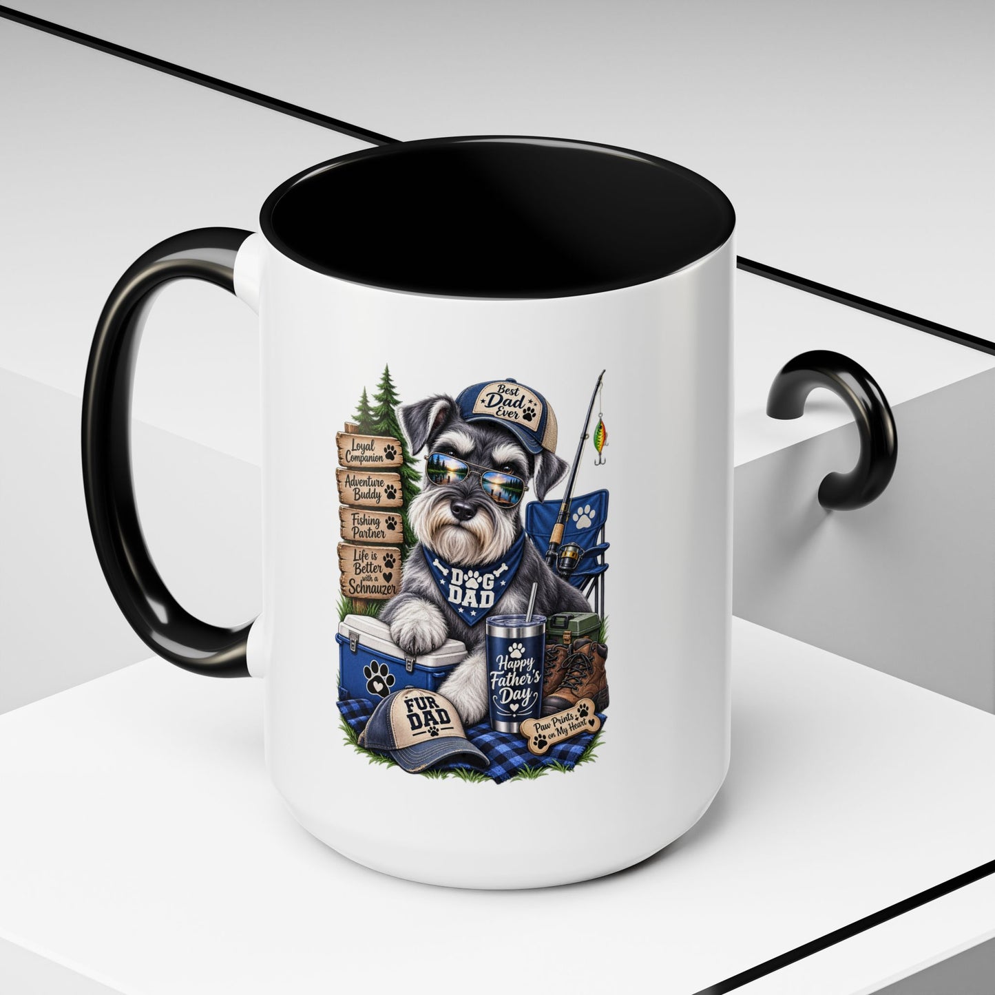 Schnauzer Dad Accent Coffee Mug – "Dog Dad" Camping Paw Print Design (11/15oz)