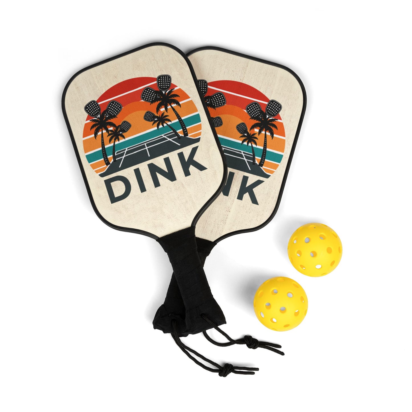 Pickleball Paddle Set - 'DINK' Retro Sunset Design (2 Paddles + Balls)