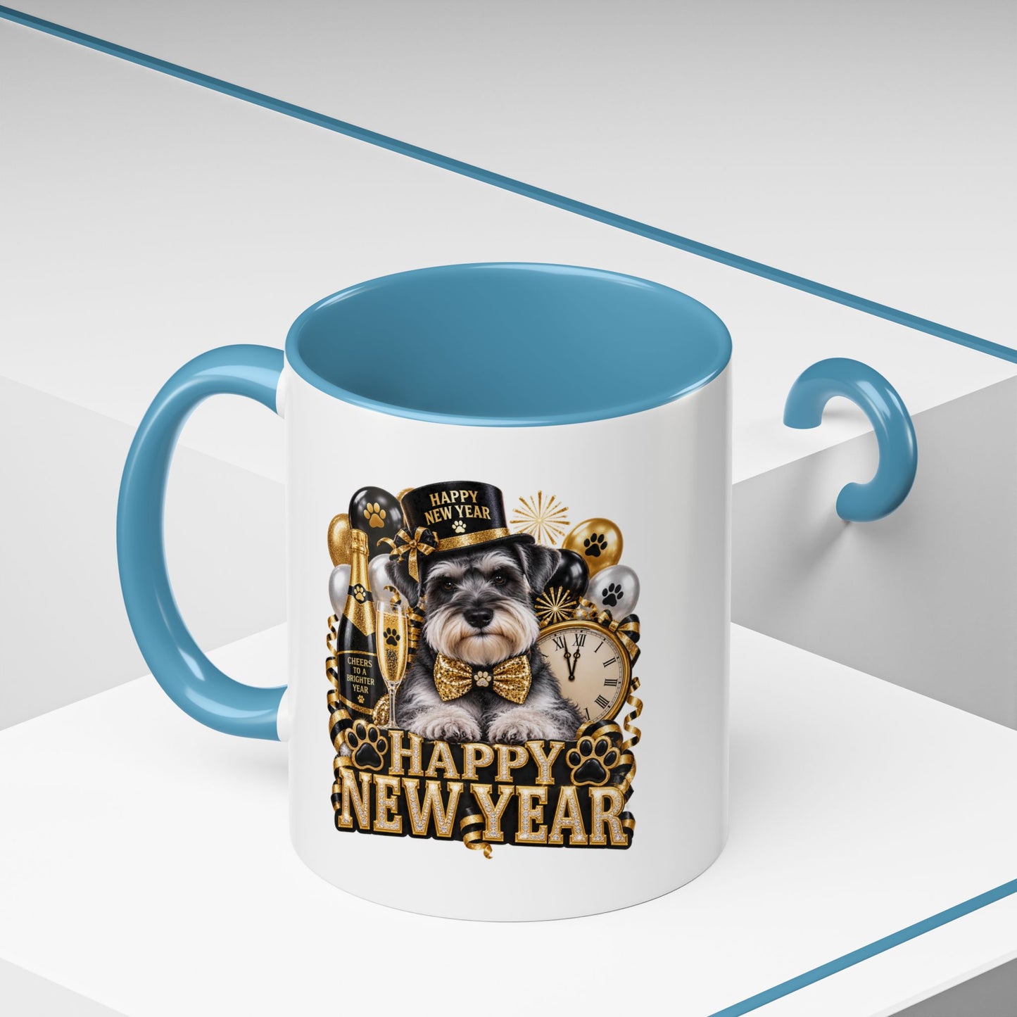 Happy New Year Dog Coffee Mug — Festive Black & Gold 11/15oz Accent Mug