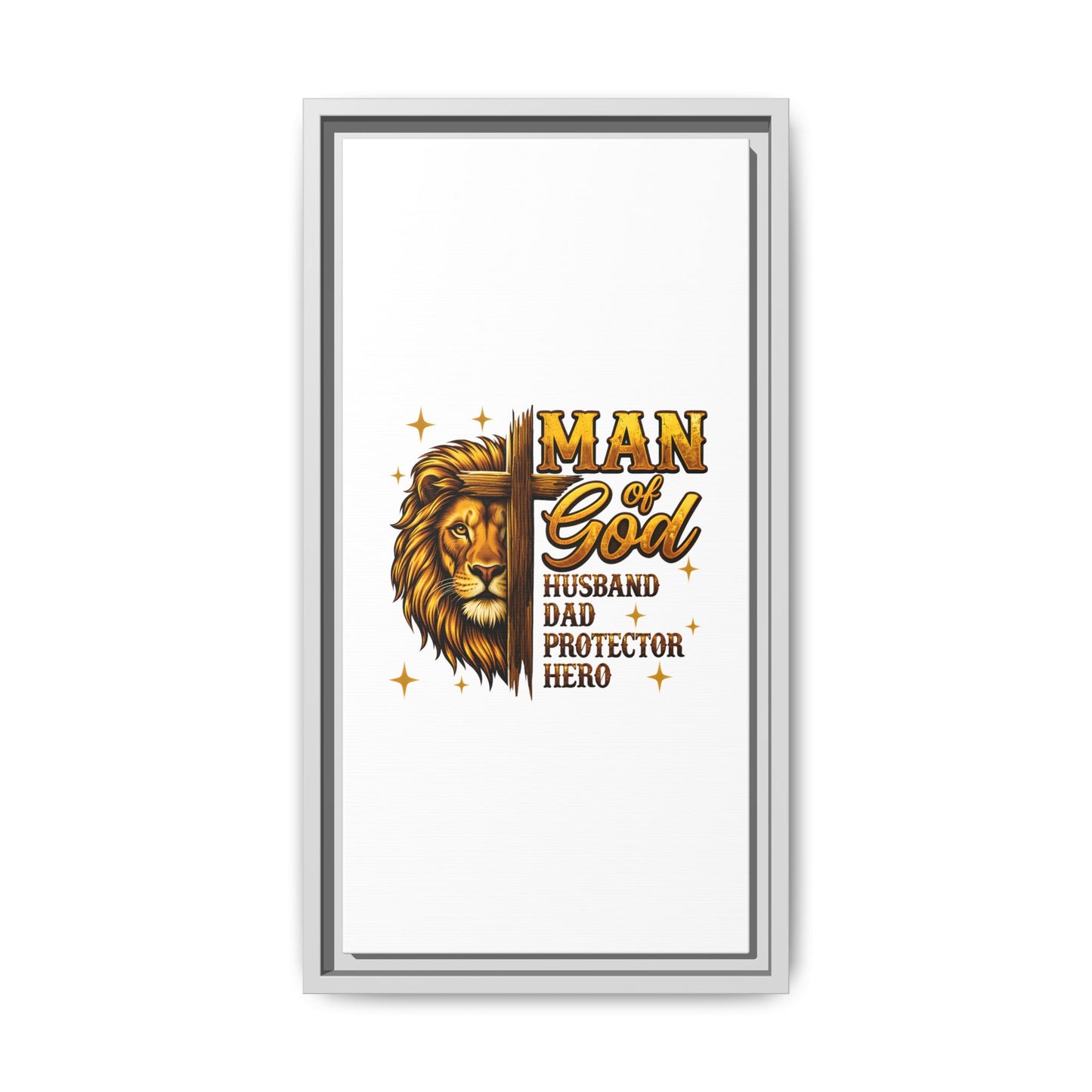 Man of God Framed Canvas Art — 'Man of God: Husband, Dad, Protector, Hero' Religious Wall Decor