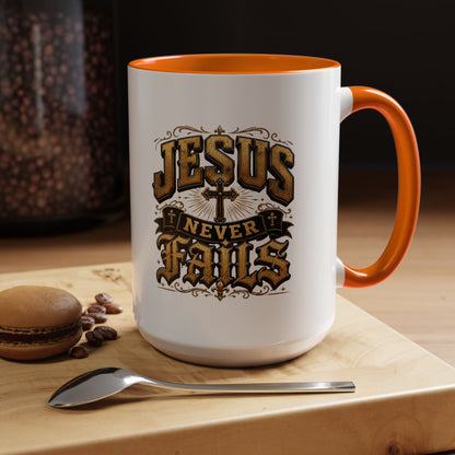Jesus Never Fails Accent Coffee Mug — Inspirational Christian Faith 11/15oz