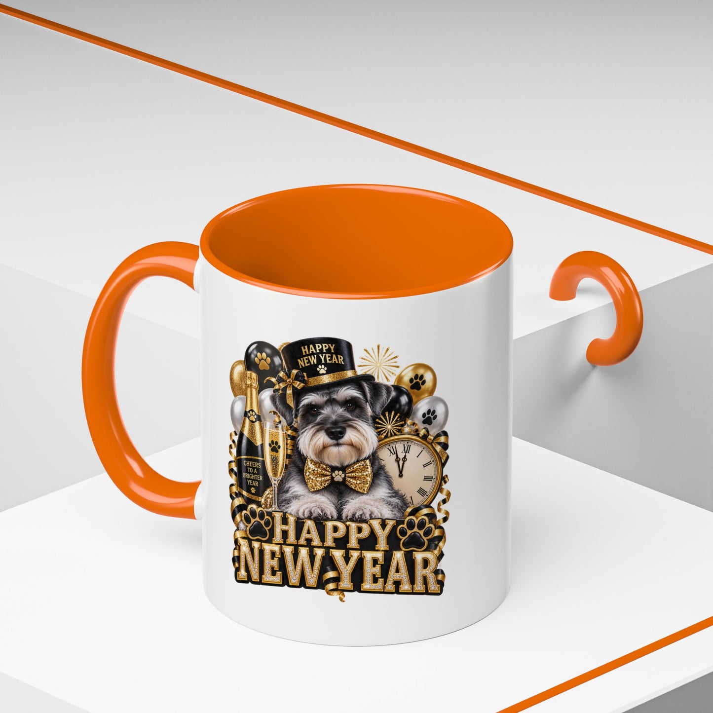 Happy New Year Dog Coffee Mug — Festive Black & Gold 11/15oz Accent Mug